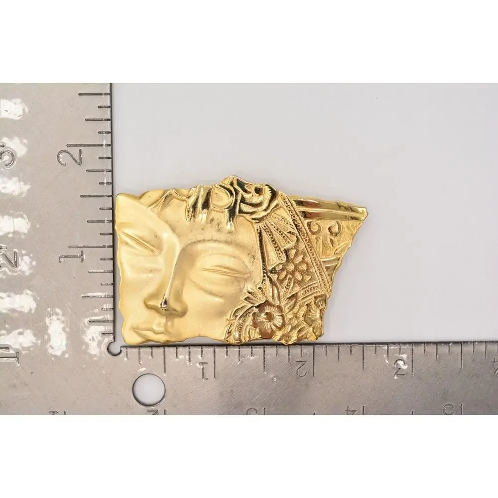 JJ Vintage Pin Brooch Asian Abstract Statue Brushed Gold Signed 1980s BinAJ